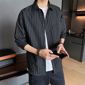 条纹衬衣男 2021新款长袖休闲宽松男士衬衫外套DF07T图片
