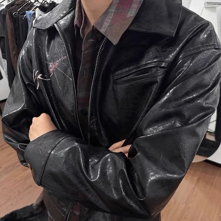 短款皮衣外套男潮高级感痞帅男装垫肩解构设计感机车夹克,男装皮衣,四季星座505