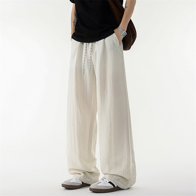 wassuphappy亚麻裤子男夏季薄款冰丝垂坠感直筒运动裤宽松休闲裤，男装休闲裤，电商A073