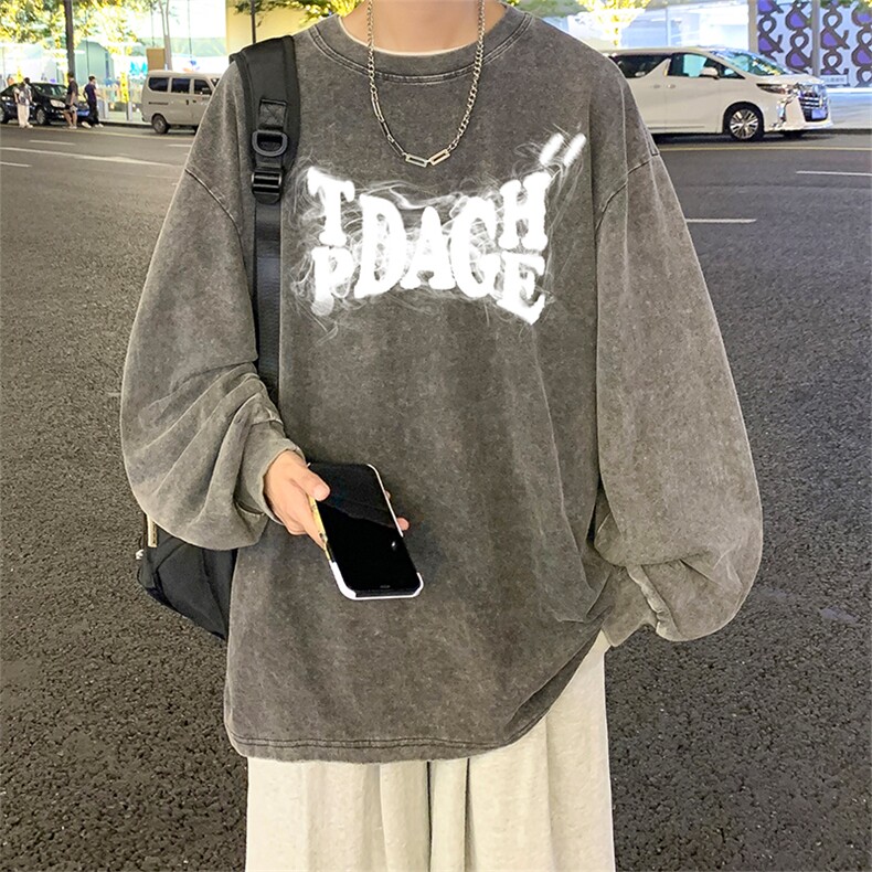 直播品质重磅纯棉美式蜡染水洗做旧潮牌宽松长袖t恤CT310特P38,男装T恤,电商A486