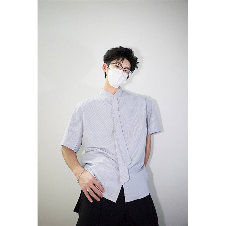 明星私服学院风条纹衬衫搭配可拆卸领带英伦风条纹打底衬衫P38，男装衬衫，电商B319