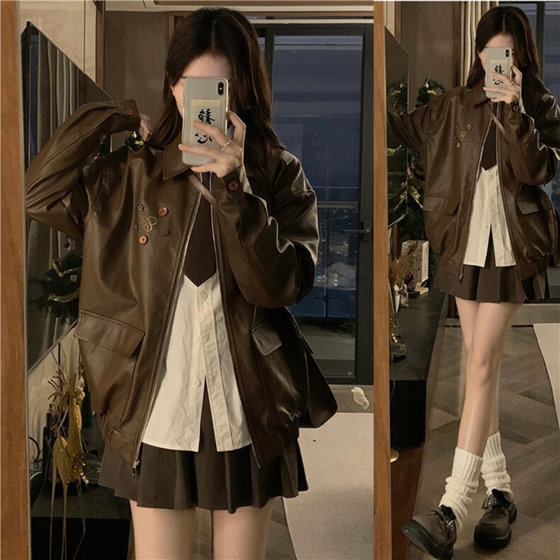 复古皮衣外套女春秋宽松显瘦百搭设计感纽扣装饰机车服潮C705-110图片