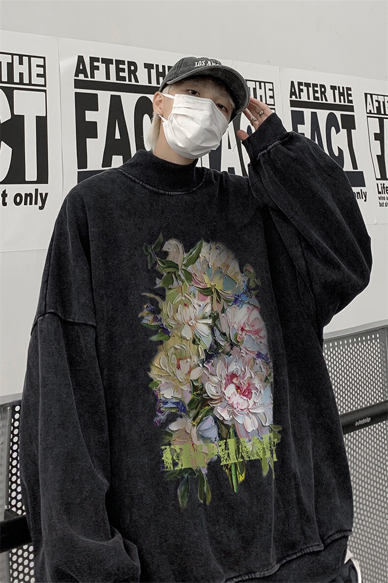 水洗做旧加绒加厚卫衣男23冬高领油画花朵打底衫XZ514-2-X51-P78,男装T恤,星座514-2(原B239)