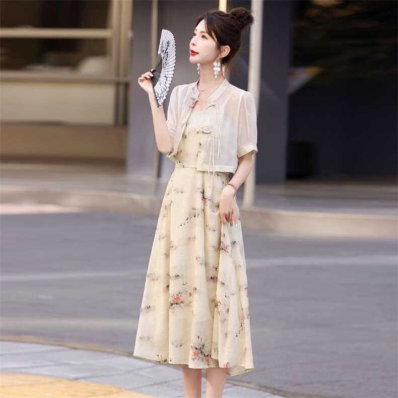 【昔】新中式流苏盘扣开衫外套+碎花吊带连衣裙24夏女,女装连衣裙,意芙