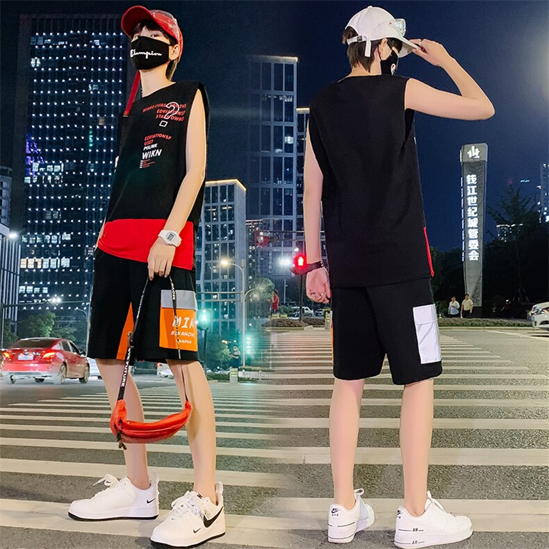2021青少年新款男女情侣装薄款纯棉卡通宽松背心套装男TZ262,男装背心/马甲,电商A441