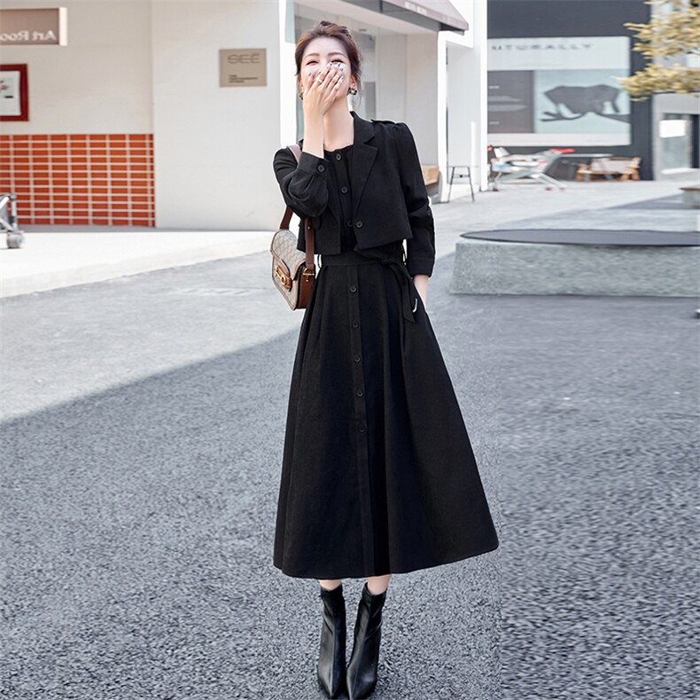 红色长袖连衣裙套装女2025春新款气质名媛高级感马甲衬衫裙两件套,女装套装/套裙,采品优优