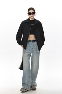 美式罗纹拼接袖子褶皱大码M-5XL教练夹克女JK78056P69控105图片