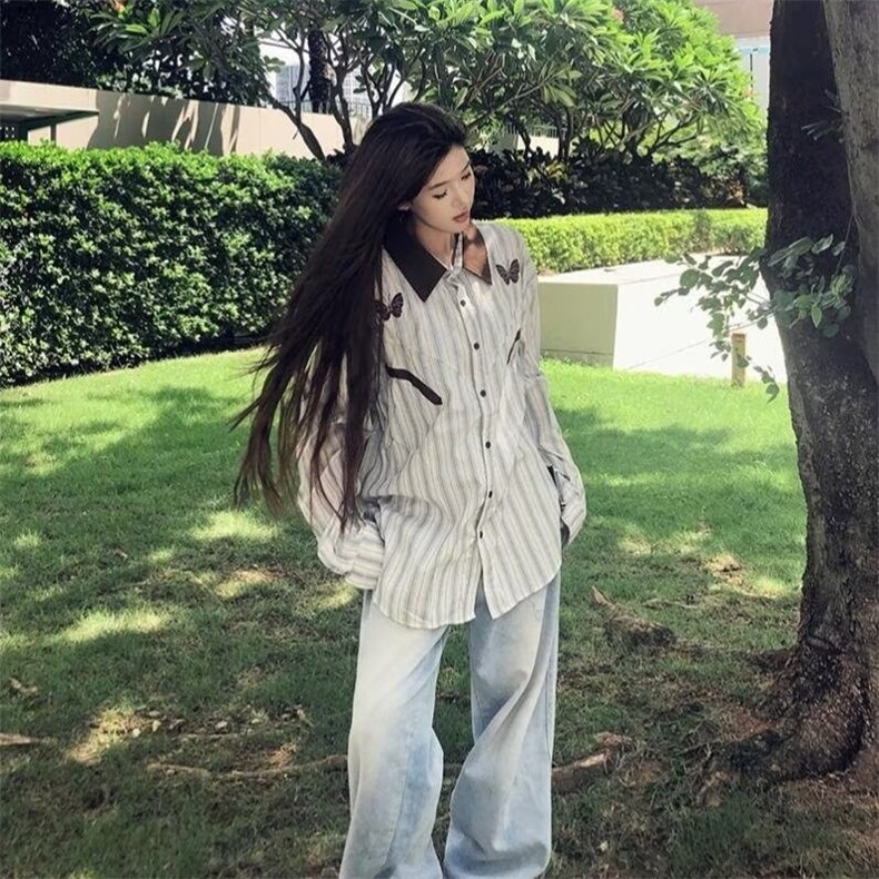 美式复古长袖衬衫日系港风ins宽松衬衣男女春秋潮流百搭休闲外套,男装衬衫,星座506A