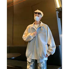 外套男潮牌三杠条纹撞色插肩袖休闲学院风运动夹克衫W6479-P58，男装夹克，星座412-3