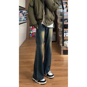 复古蓝微喇牛仔裤男女美式高街提裆加长修身弯刀裤S736 P37图片