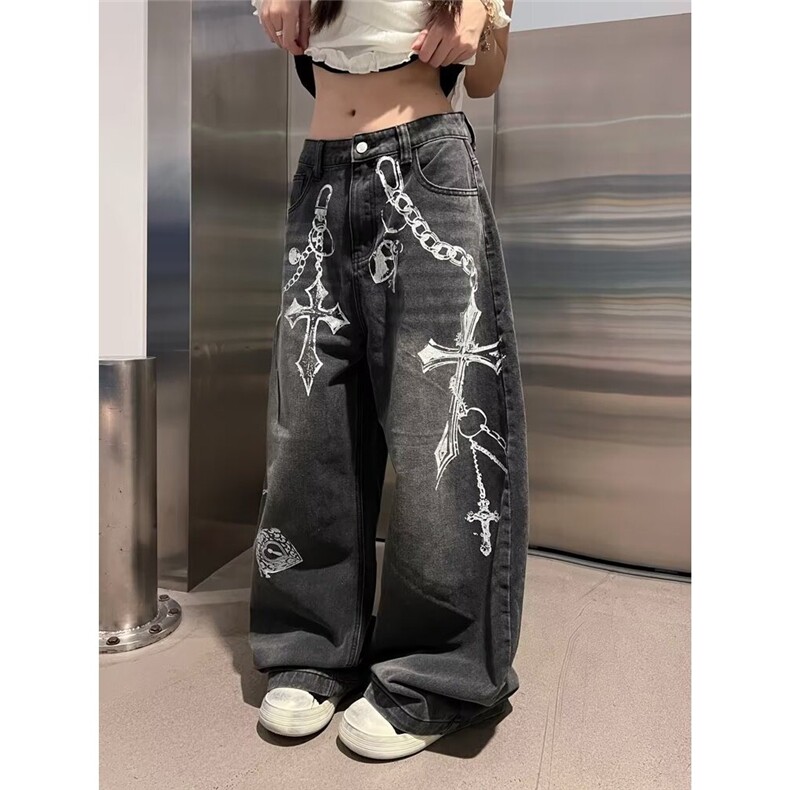 美式高街设计感闪电刺绣牛仔裤男女宽松直筒街头休闲裤NZ8016,男装牛仔裤,星座516A