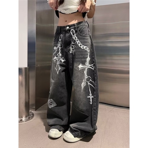 美式高街设计感闪电刺绣牛仔裤男女宽松直筒街头休闲裤NZ8016图片