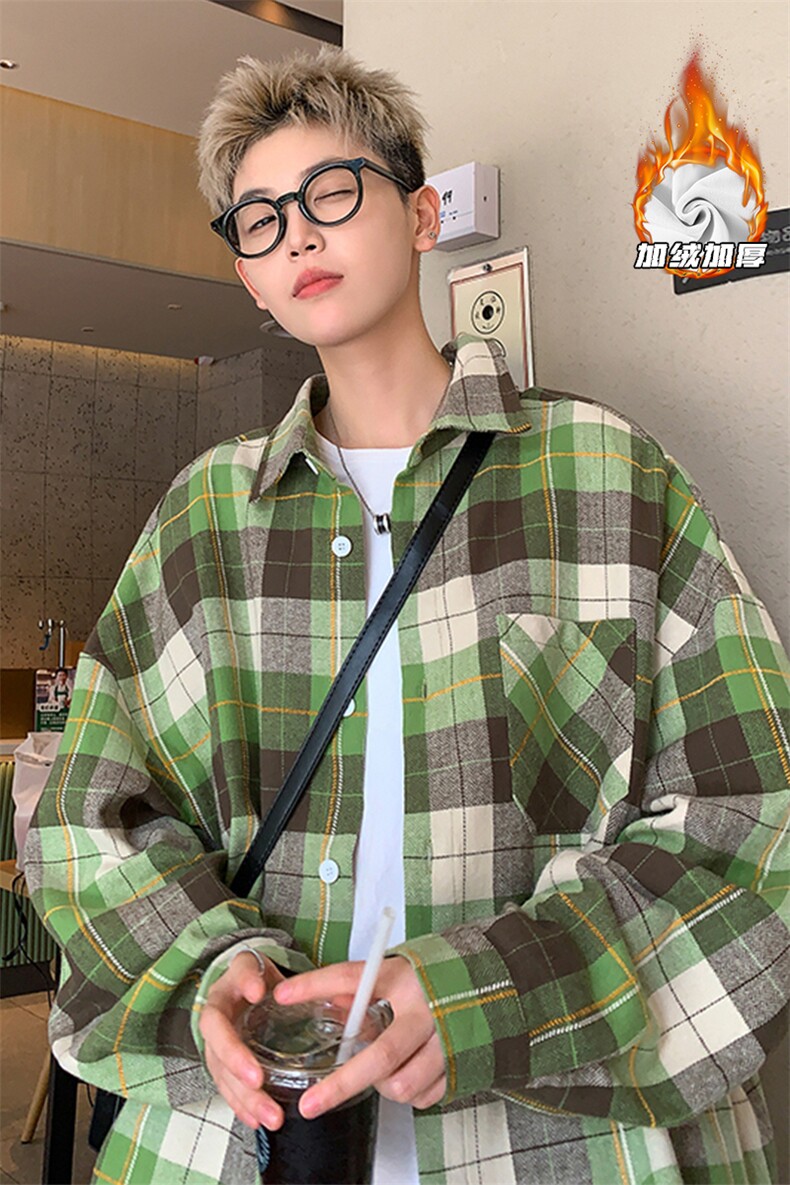 绿色格子长袖衬衫男春秋季美式复古高街oversize大码潮牌衬衣外套,男装衬衫,电商A022