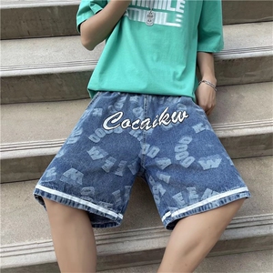 美式字母印花牛仔短裤夏季男士潮牌街头宽松牛仔五分裤DK6651-P43图片
