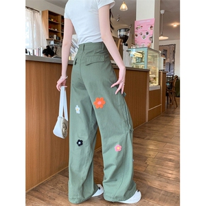 刺绣花朵复古工装休闲裤男女春夏季美式宽松阔腿裤高腰长裤图片