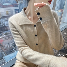 2025年秋季常规款通勤长袖翻领开衫时尚百搭，女装针织衫/毛衣，兰皓羊绒