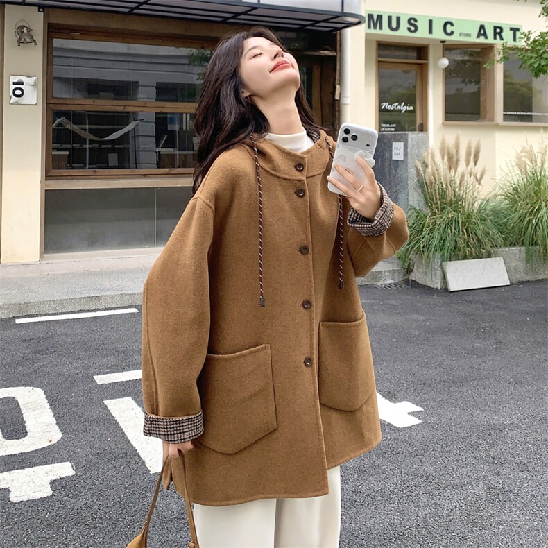 咖色韩系复古格纹连帽双面羊毛呢大衣女2025冬季新款休闲撞色外套,女装羊绒大衣,2C198