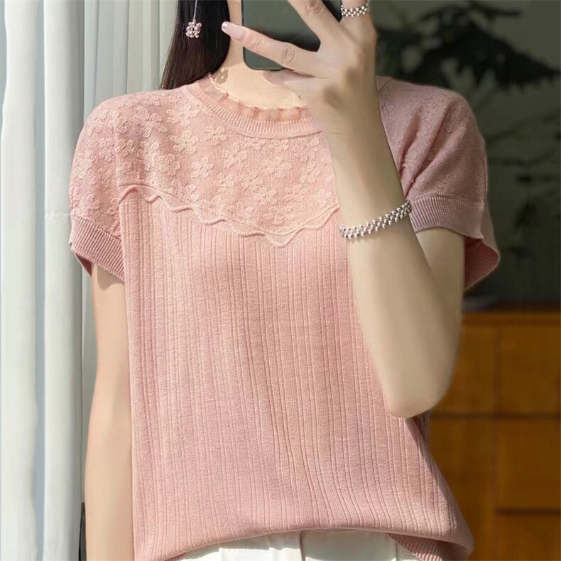 白色短袖t恤女2025新款小香风别致立体钩花夏季蕾丝冰丝针织上衣,针织衫/毛衣,萱芳婷羊绒