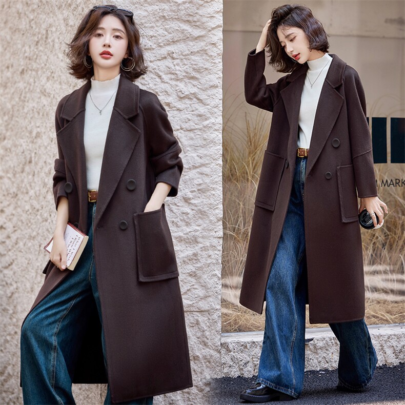 卡其色西装领双面羊绒大衣女2024秋冬新款宽松气质中长款毛呢外套,女装毛呢外套,韩宇舍