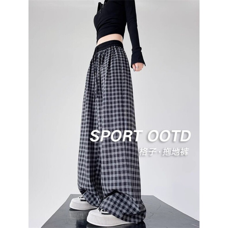 AK2412-p50黑白格子阔腿裤女2026新款春秋高腰慵懒松弛感长裤子，女装休闲裤，星座617A-2