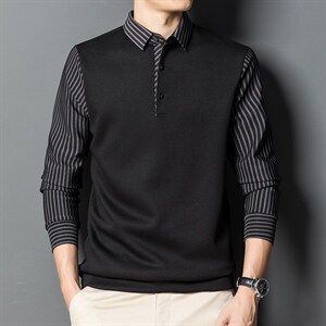 长袖t恤男纯色卫衣春秋季polo衫中年潮流假两件上衣服2023新款图片