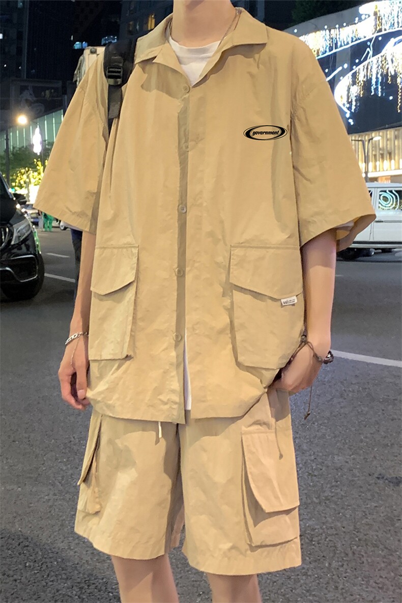 港风23新款夏季时尚开衫工装短袖垂感短裤套装TZ613801P75控98,男装牛仔裤,电商A268A
