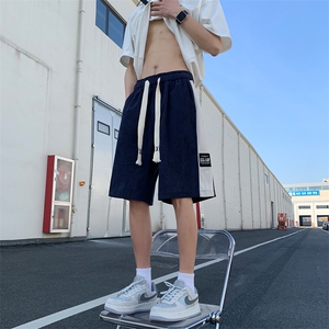 DK211 P32港风灯芯绒拼接运动冰丝休闲裤高街五分裤宽松图片