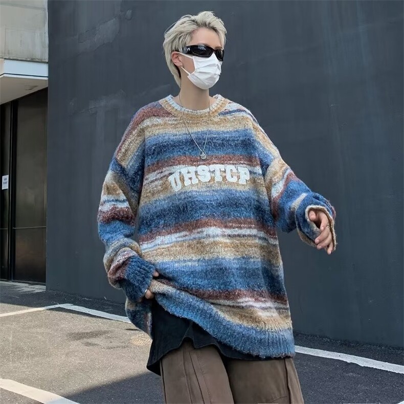 美式渐变纱刺绣字母条纹毛衣男宽松慵懒风秋冬针织衫男MZ114-P60,男装针织衫/毛衣,星座412-3
