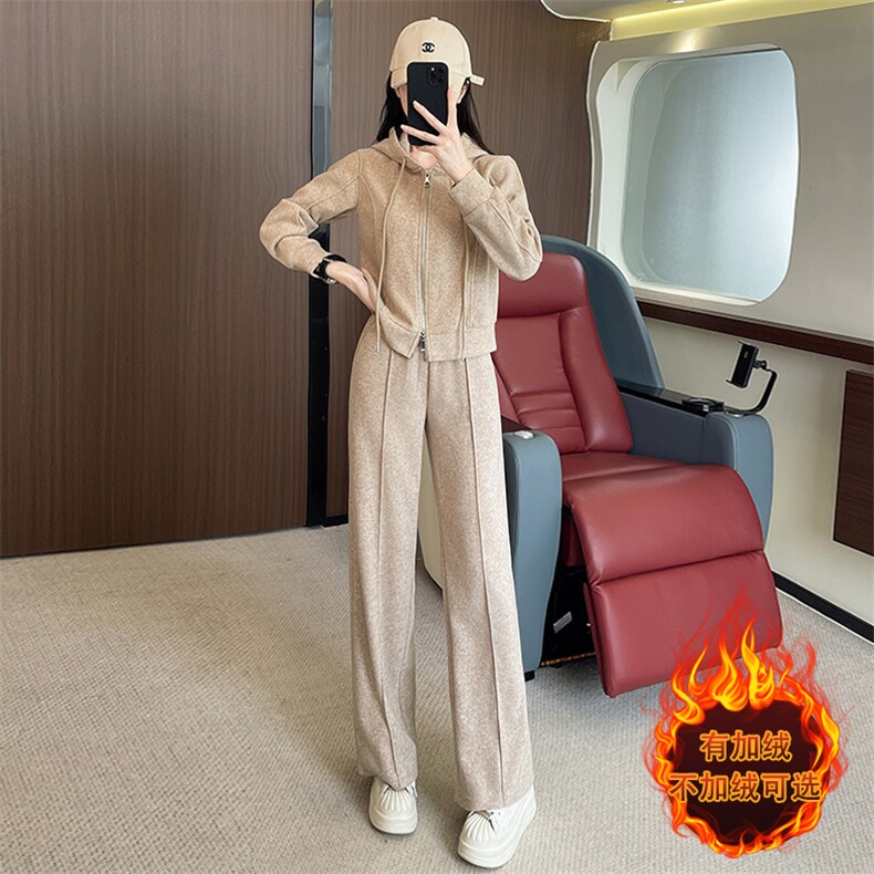 女秋冬季连帽开衫卫衣阔腿长裤两件套加绒加厚,女装套装/套裙,江南