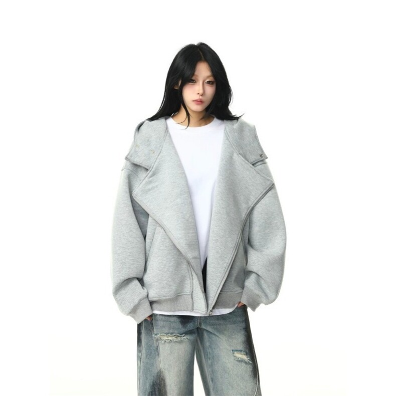 美式双拉链开衫连帽卫衣男女春秋重磅潮牌灰色加厚设计感情侣外套,女装短外套,星座516A