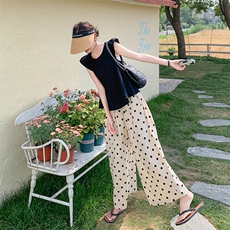 又甜又辣黑色上衣两件套2025新款通勤百搭波点阔腿裤亚麻套装女夏，女装套装/套裙，2C203