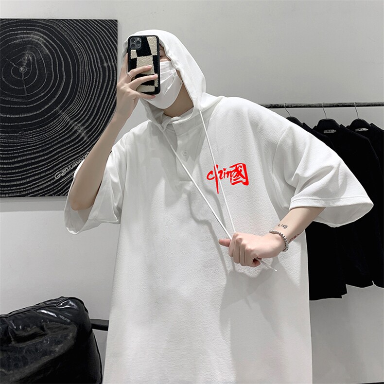 LD54276-P45 连帽短袖t恤男大码胖子带帽五分袖中袖图片