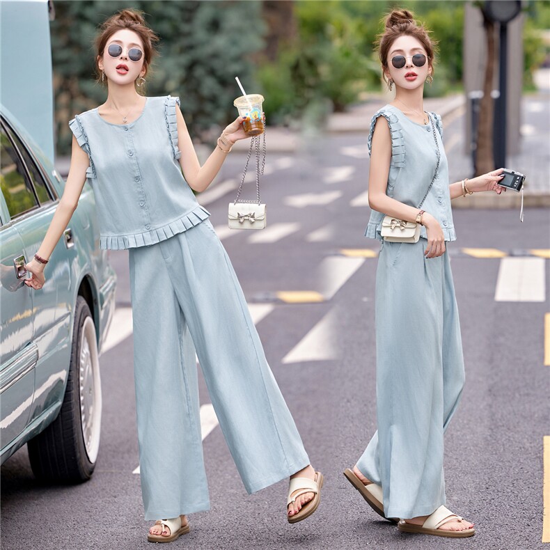 今年流行的天丝亚麻女高端棉麻套装阔腿裤夏季2025新款一整套穿搭，女装套装/套裙，瑶迪依秀