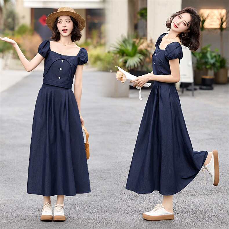 2025夏季新款蝴蝶结设计方领修身短款上衣高腰显瘦半身连衣裙套装，女装套装/套裙，跑量工厂店