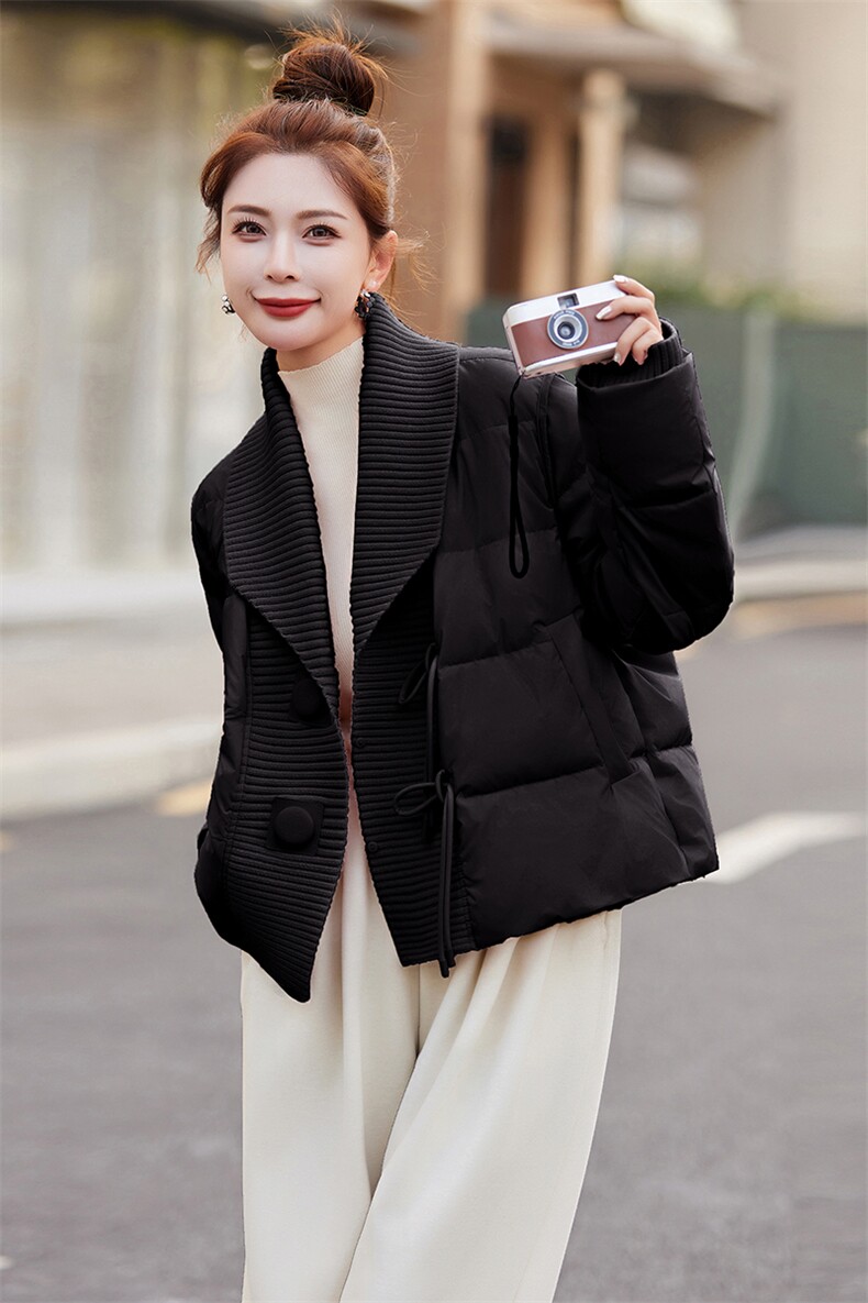 针织拼接羽绒服女欧货2025冬季新款时尚减龄百搭大翻领白鸭绒外套,女装羽绒服,天丽