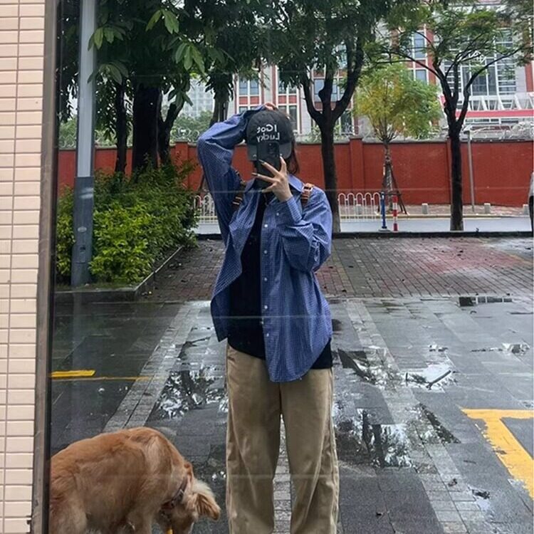 美式复古慵懒宽松蓝色格子长袖衬衫男2025新款百搭休闲刺绣衬衣潮,男装衬衫,星座506A