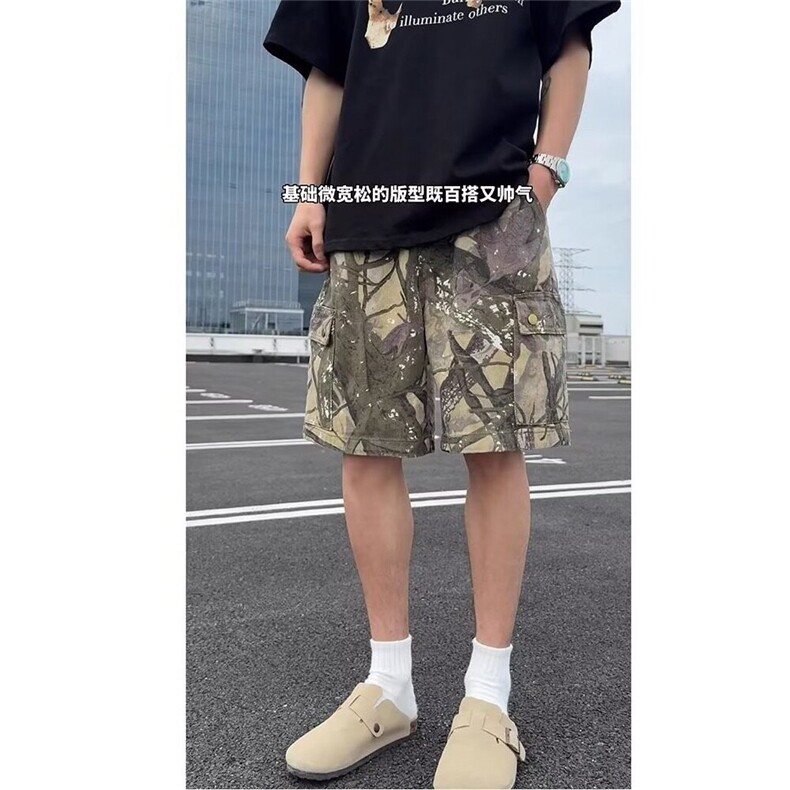 网图现货美式工装树叶迷彩宽松五分裤男K1610/P40,男装牛仔裤,星座205-3