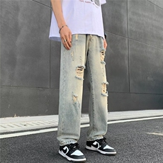 高街vibe风直筒割破洞牛仔长裤hiphop男女休闲裤N09046-P45，男装牛仔裤，星座308B-1