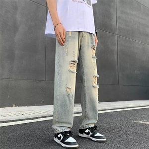 高街vibe风直筒割破洞牛仔长裤hiphop男女休闲裤N09046-P45图片