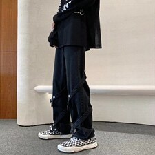 ins美式嘻哈工装褶皱休闲裤阔腿牛仔裤K856P45图片