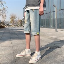 七分牛仔裤男潮牌夏季港风破洞短裤子男韩版潮流宽松直筒HT93，男装牛仔裤，星座509