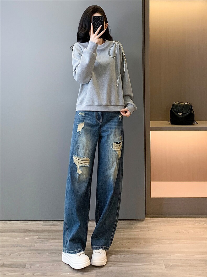 高级感时尚潮流套装女春新款修身显瘦圆领刺绣上衣牛仔长裤两件套,女装套装/套裙,江南