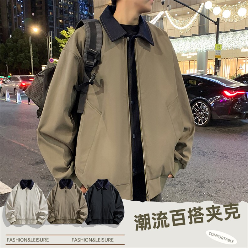春季新款撞色拼接假两件翻领外套男休闲夹克JK02631-P80图片
