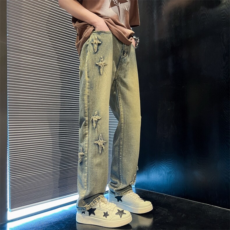 新款牛仔裤男女宽松直筒阔腿裤潮牌美式高街vibe长裤子N2218-p45图片