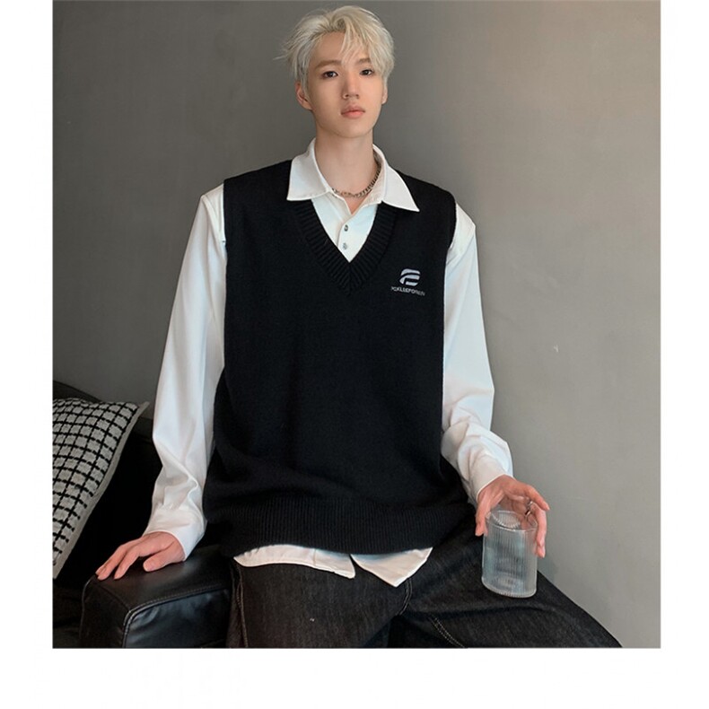 春秋季马甲刺绣宽松V领毛衣背心校服风坎肩衣服M17-P48,男装背心/马甲,电商C307