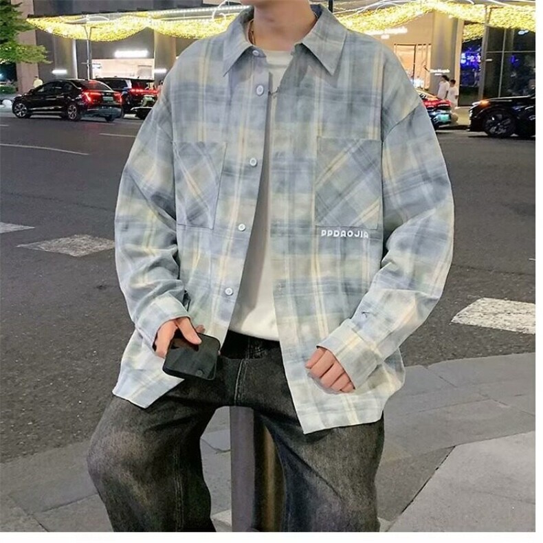 扎染格子衬衫男秋季新款长袖翻领宽松休闲工装衬衣日系百搭外套潮,男装衬衫,星座715-4