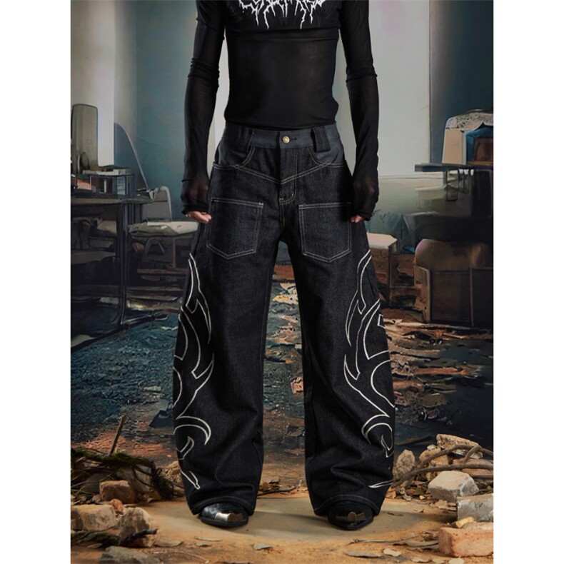 原创小众弯刀原牛蛇纹刺绣阔脚通勤日常牛仔裤，男装牛仔裤，四季星座505