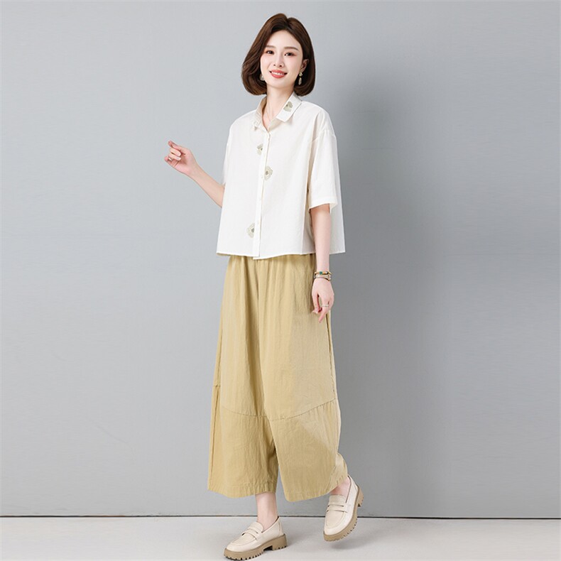 休闲套装女夏季薄款2025新款巨好看的文艺减龄穿搭妈妈纯棉两件套,女装套装/套裙,秋牧寒烟