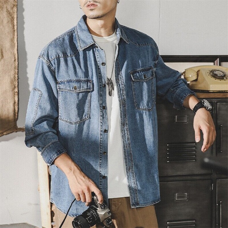 美式复古工装衬衫男长袖春秋男士2025年新款ins潮牌衬衣牛仔外套,男装夹克,星座506A