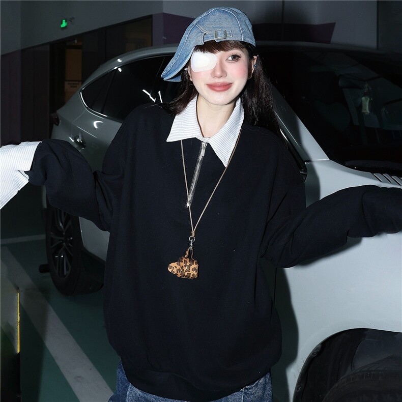 学院风格子polo领假两件卫衣男女美式宽松长袖外套CT505-P45,女装短外套,星座1001-1